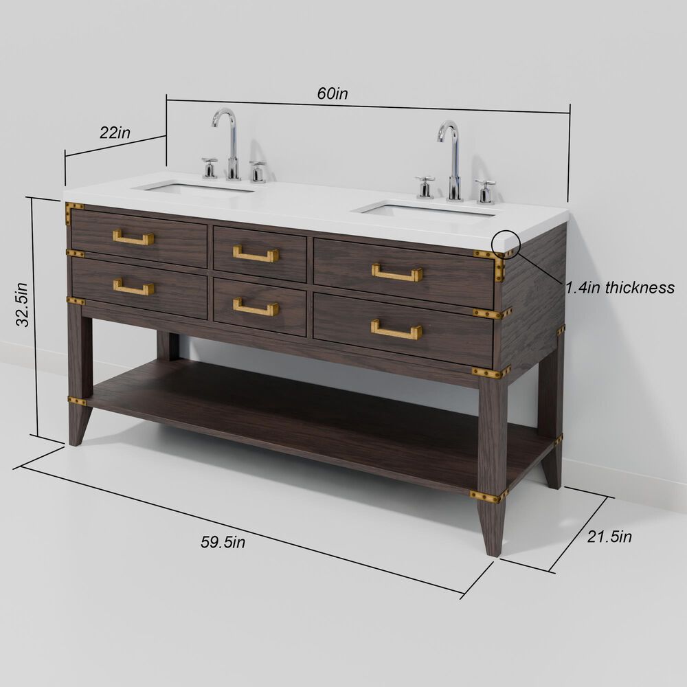 Lexora Home Norwalk 60" Double Bathroom Vanity in Brown Oak with White Cultured Marble Top  and Rectangle Sink, , large