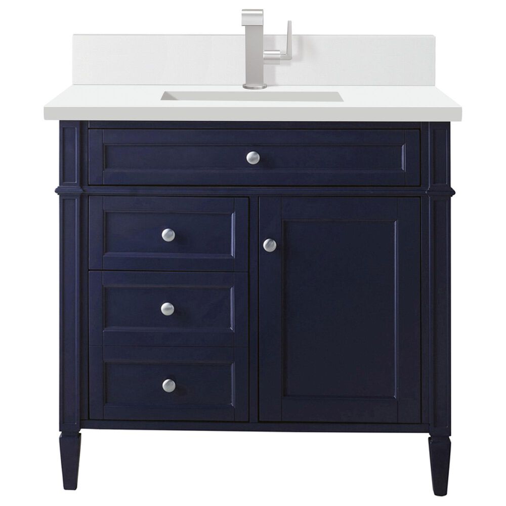 James Martin Vanities Brittany 36" Single Bathroom Vanity in Victory Blue with Single Hole 3 cm White Zeus Quartz Top and Rectangular Sink, , large