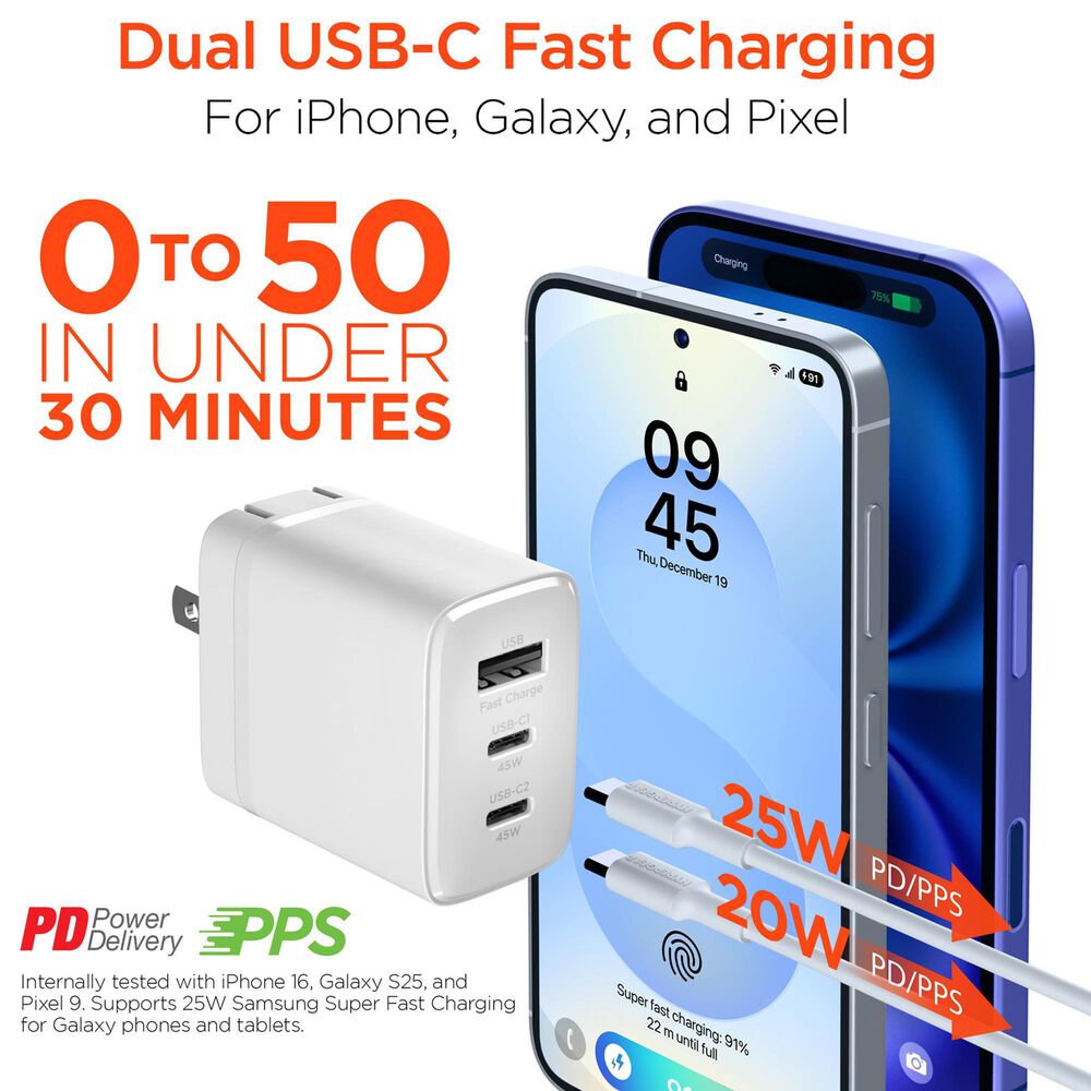 Hypercel SpeedBoost 45W PD Wall Charger with 6ft USB-C Cable in White, , large