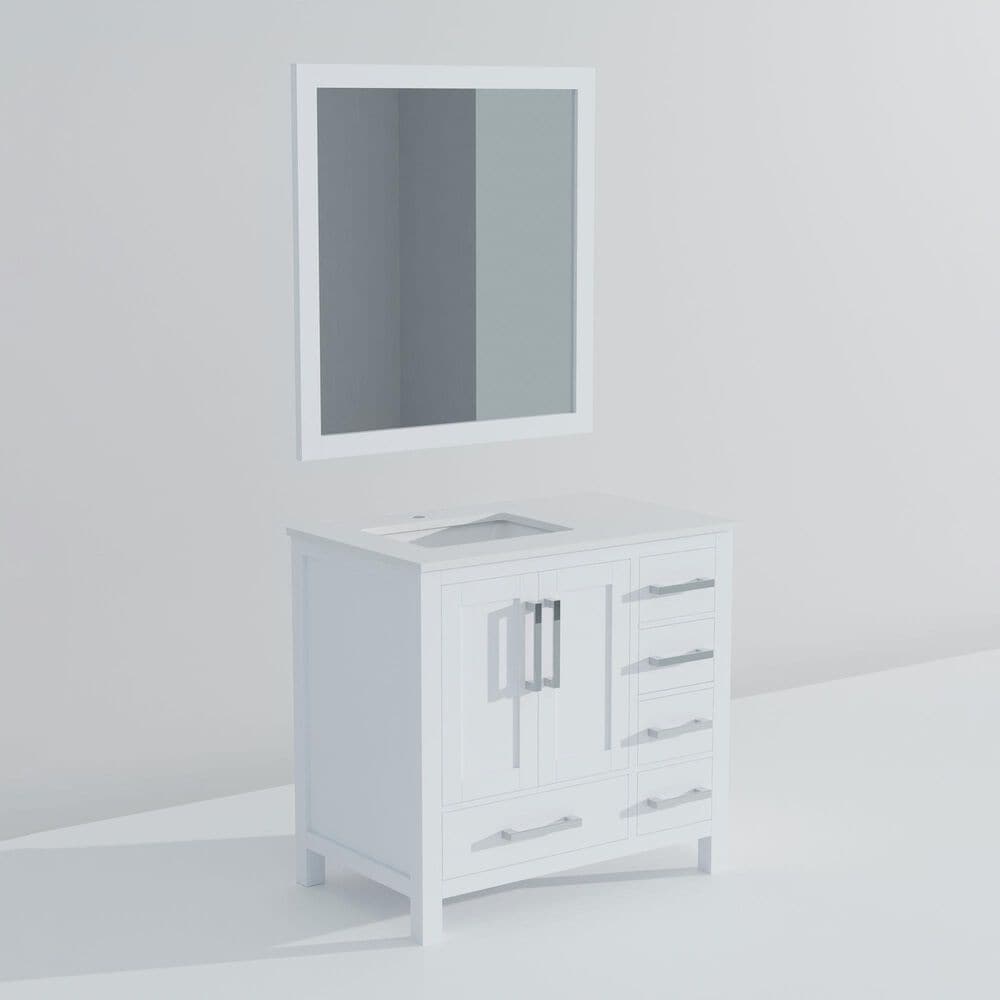 Lexora Home Jacques 36&quot; Left Offset Single Bathroom Vanity in Dark Grey with 2 cm White Quartz Top, Rectangular Sink and 34&quot; Mirror, , large