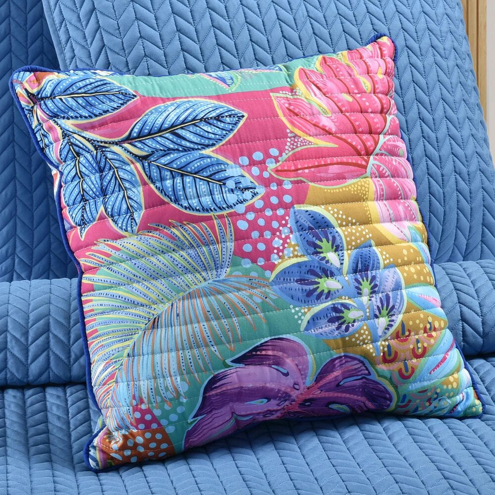 J. Queen Bold Hanalei 18&quot; Square Quilted Throw Pillow in Aqua, Orange, Pink, and Blue, , large
