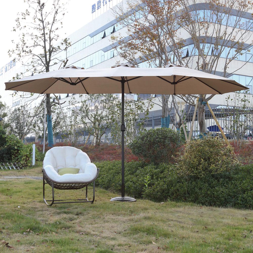 Hearth and Haven 14.8&#39; Double Sided Outdoor Umbrella without Base in Khaki, , large