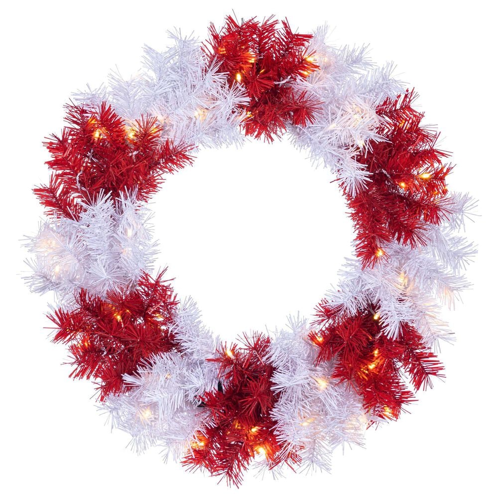The Gerson Company 24" Pre-Lit Artificial Pine Christmas Wreath with Multicolor LED Lights in Red and White, , large