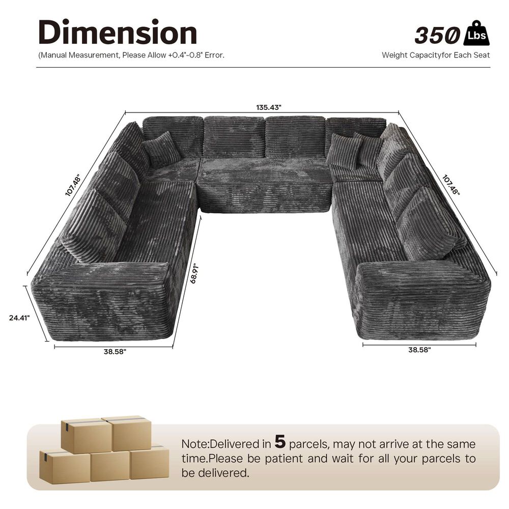 Noviland HOMLUX Modular Floor Sofa with Plush Corduroy, U-Shaped Sectional Couch with Chaise in Gray, , large