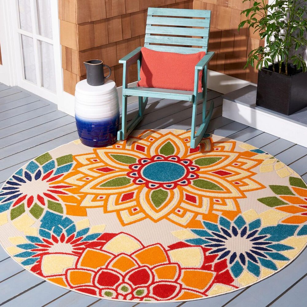 Safavieh Cabana CBN328A 5&#39;3&quot; Round Ivory and Orange Indoor/Outdoor Area Performance Rug, , large