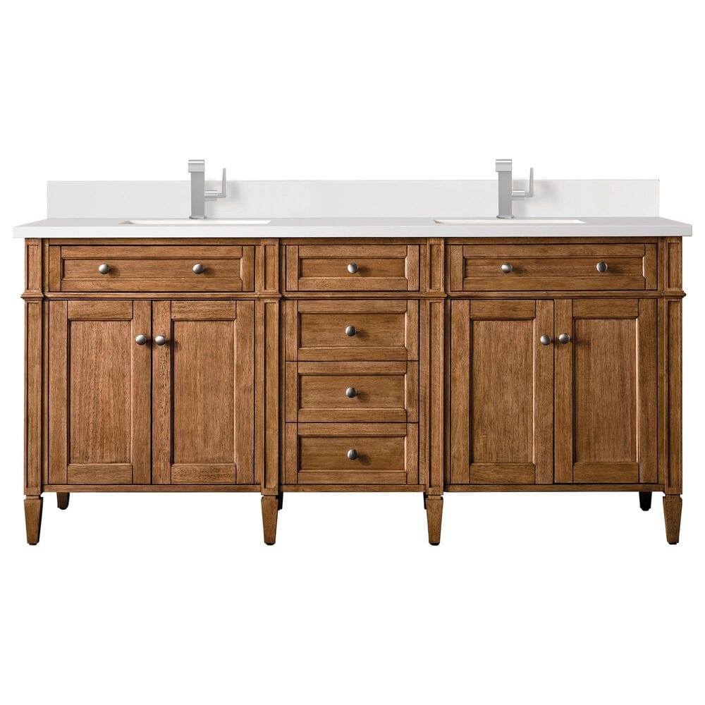 James Martin Vanities Brittany 72" Double Bathroom Vanity in Saddle Brown with Single Hole 3 cm White Zeus Quartz Top and Rectangular Sinks, , large
