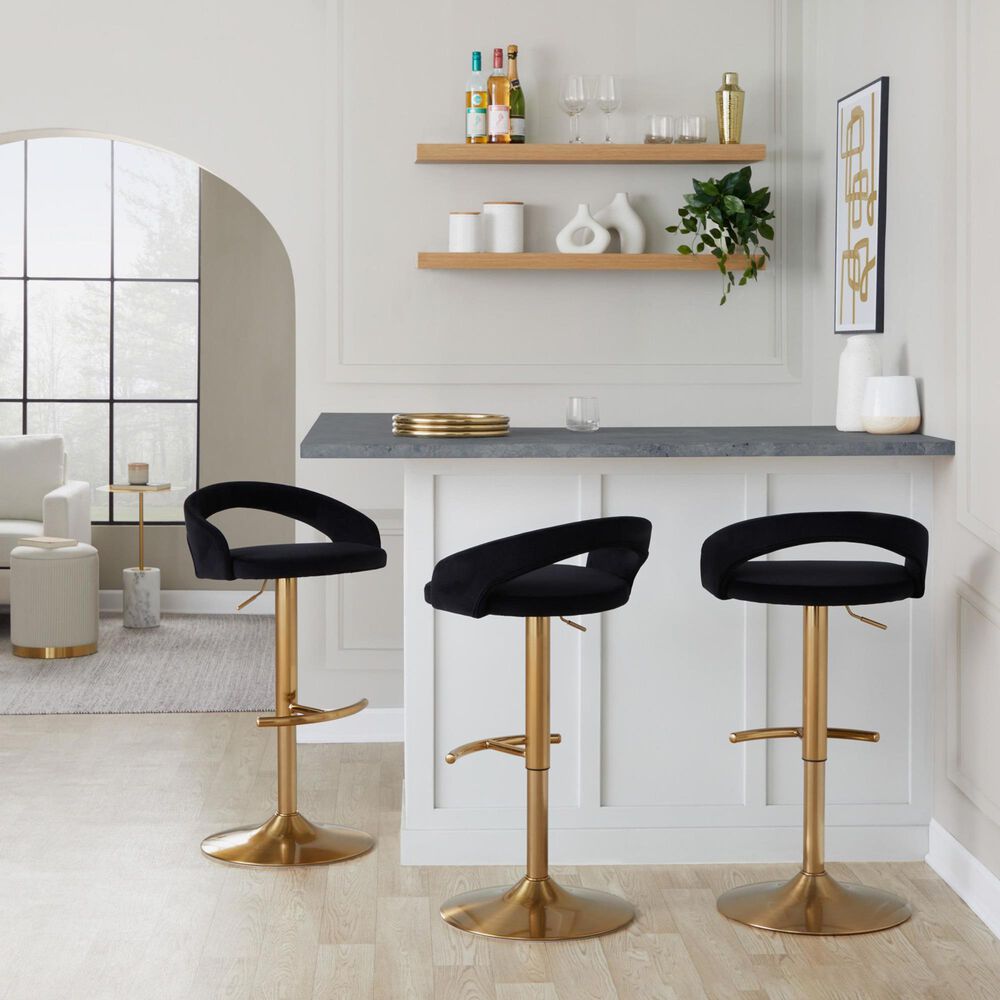 LumiSource Grotto Adjustable Bar Stool with Black Velvet Upholstery in Gold (Set of 2), , large