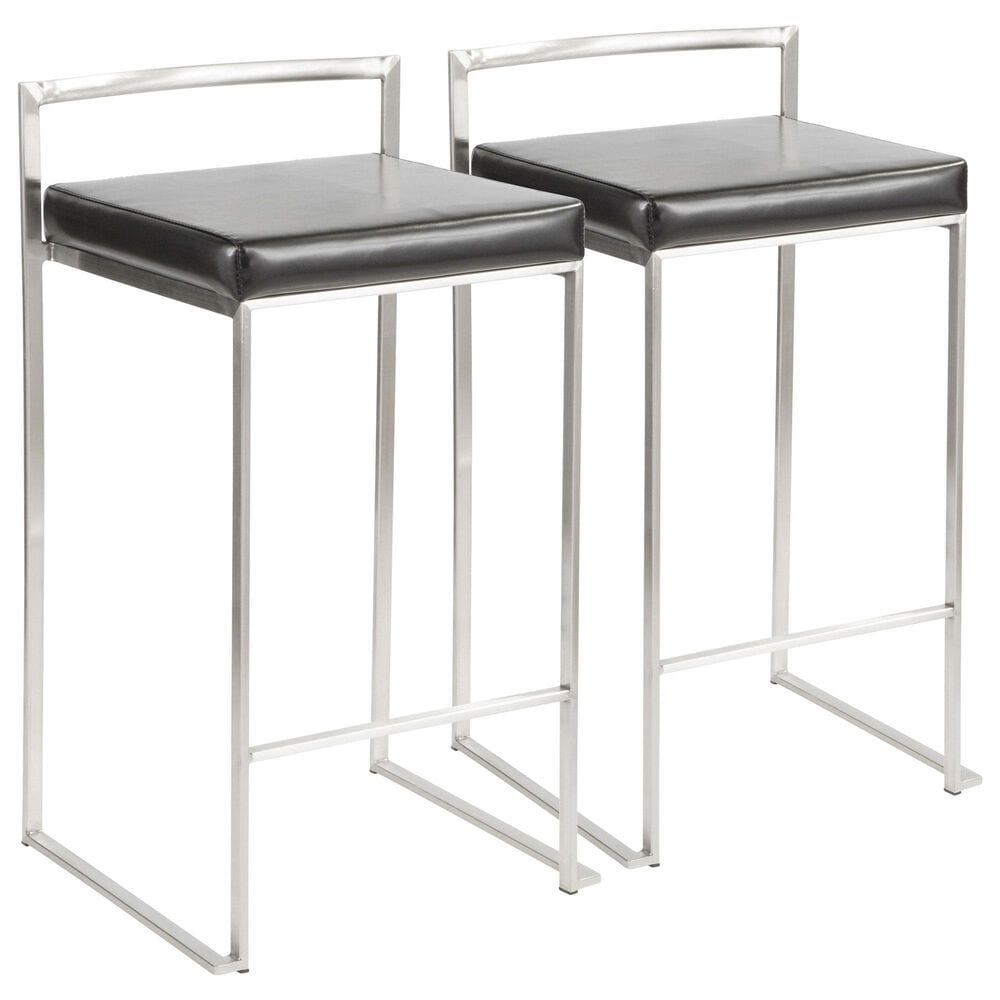 LumiSource Fuji Stackable Counter Stool with Black Faux Leather in Brushed Stainless Steel (Set of 2), , large