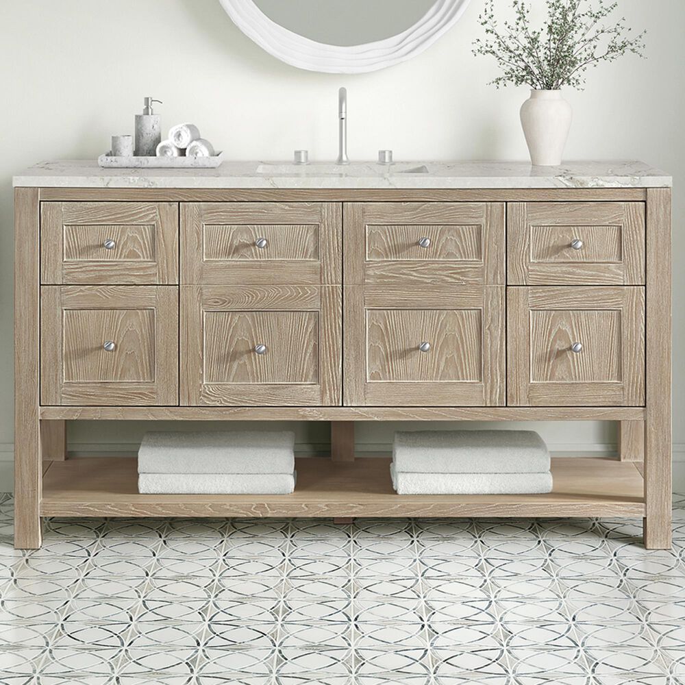 James Martin Vanities Breckenridge 60&quot; Single Bathroom Vanity in Whitewashed Oak with 3 cm Victorian Silver Quartz Top and Rectangular Sink, , large