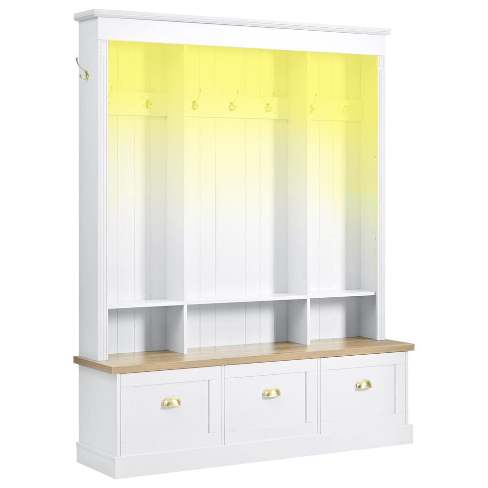 HOMLUX 9-Hook Hall Tree with 3-Cabinet in White and Natural, , large