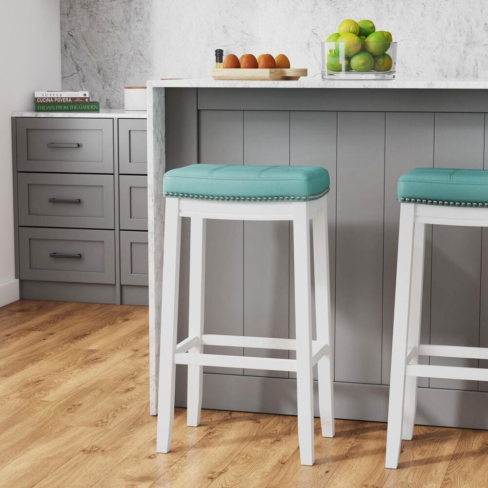 Linon Home Decor Claridge Bar Stool with Teal Cushion in Bright White, , large