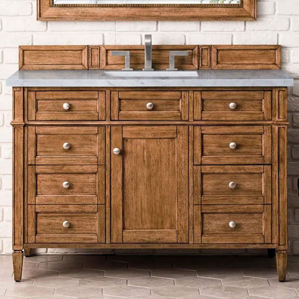 James Martin Vanities Brittany 48" Single Bathroom Vanity in Saddle Brown with 3 cm Carrara White Marble Top and Rectangle Sink, , large