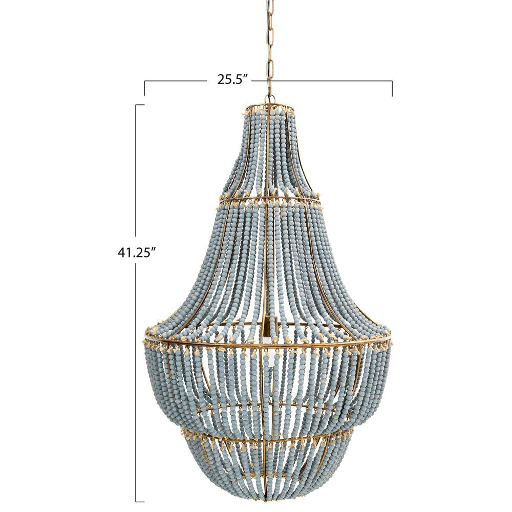 Creative Coop Laurel Draped Wood Bead Chandelier with Brushed Gold and Faded Blue Shade, , large