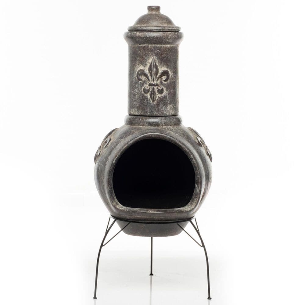 Alfresco Home Earthenware Medium Fleur De Lys Chiminea in Dark Wood, , large