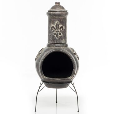 Alfresco Home Earthenware Medium Fleur De Lys Chiminea in Dark Wood, , large