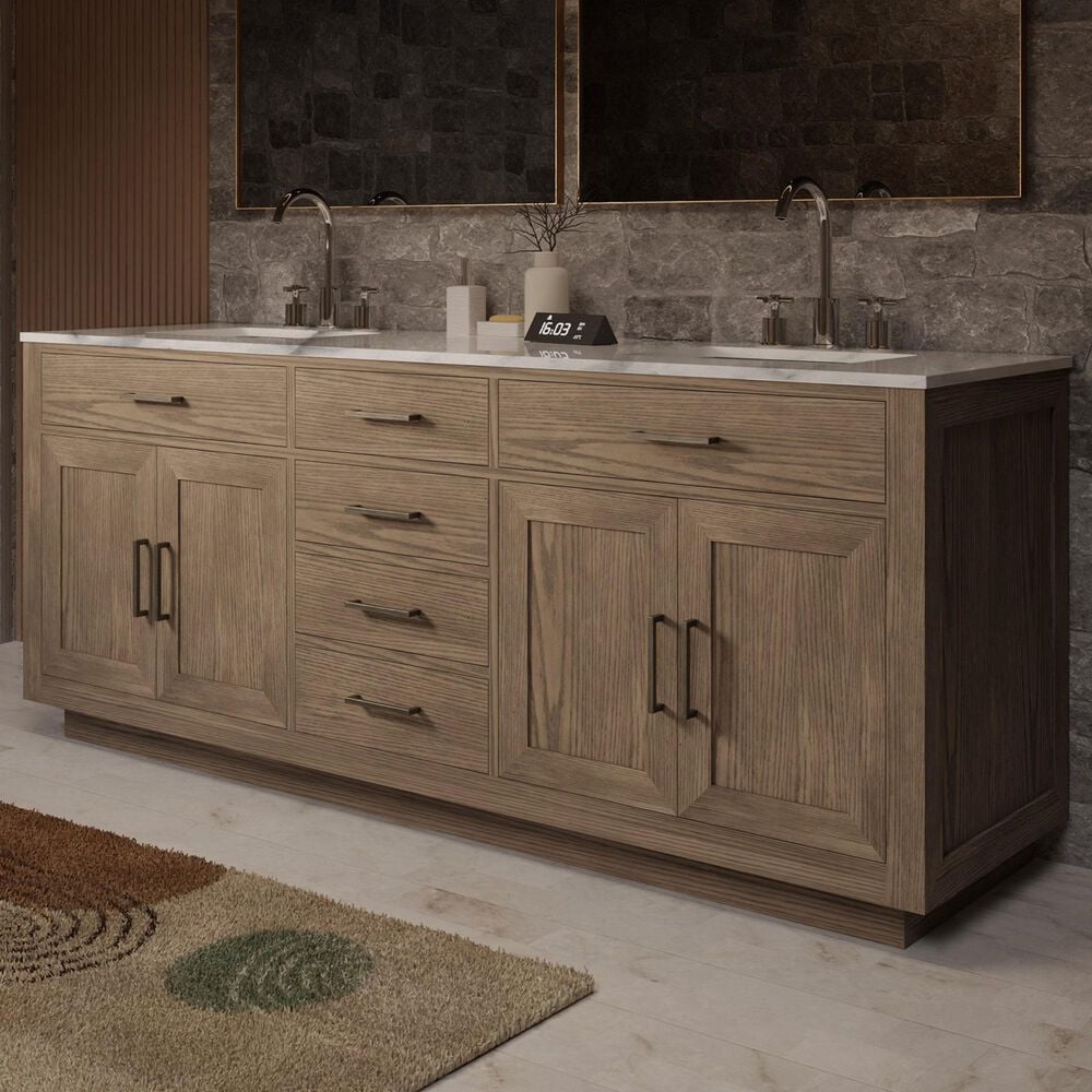 Lexora Home Abbey 84&quot; Double Bathroom Vanity in Grey Oak with 2 cm White Carrara Marble Top and Rectangular Sinks, , large