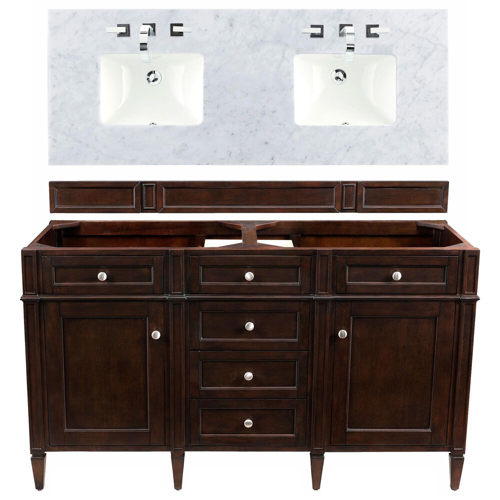James Martin Vanities Brittany 60" Double Bathroom Vanity in Burnished Mahogany with 3 cm Carrara White Marble Top, , large