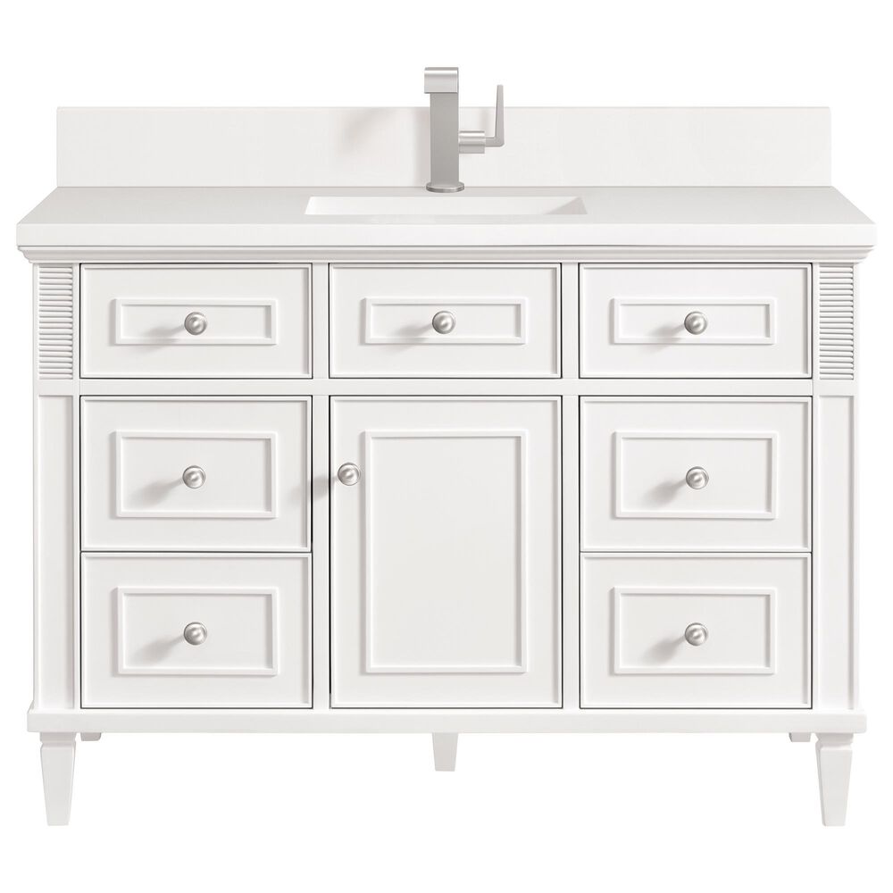 James Martin Vanities Lorelai 48" Single Vanity in Bright White with Single Hole 3 cm White Zeus Quartz Top & Backsplash, , large
