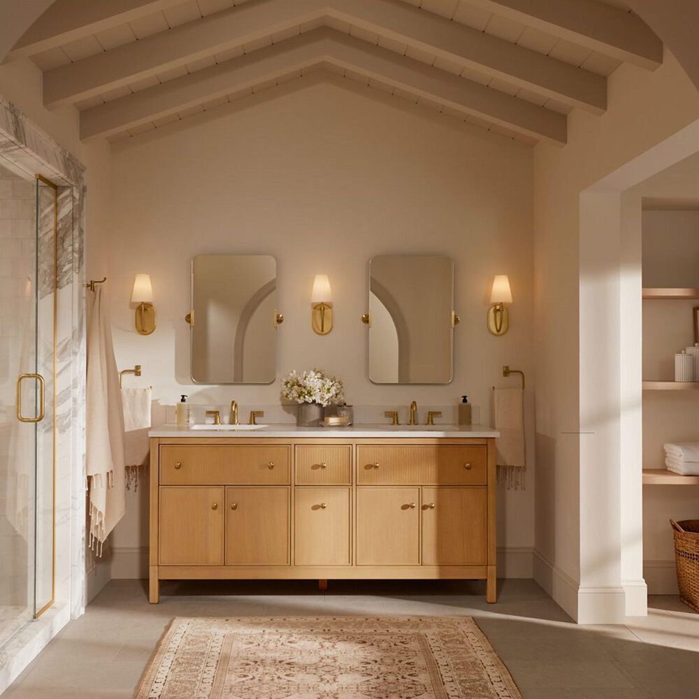Kohler Malin 60" Double Bathroom Vanity in White Oak with 3 cm White Quartz Top and Rectangular Sinks, , large
