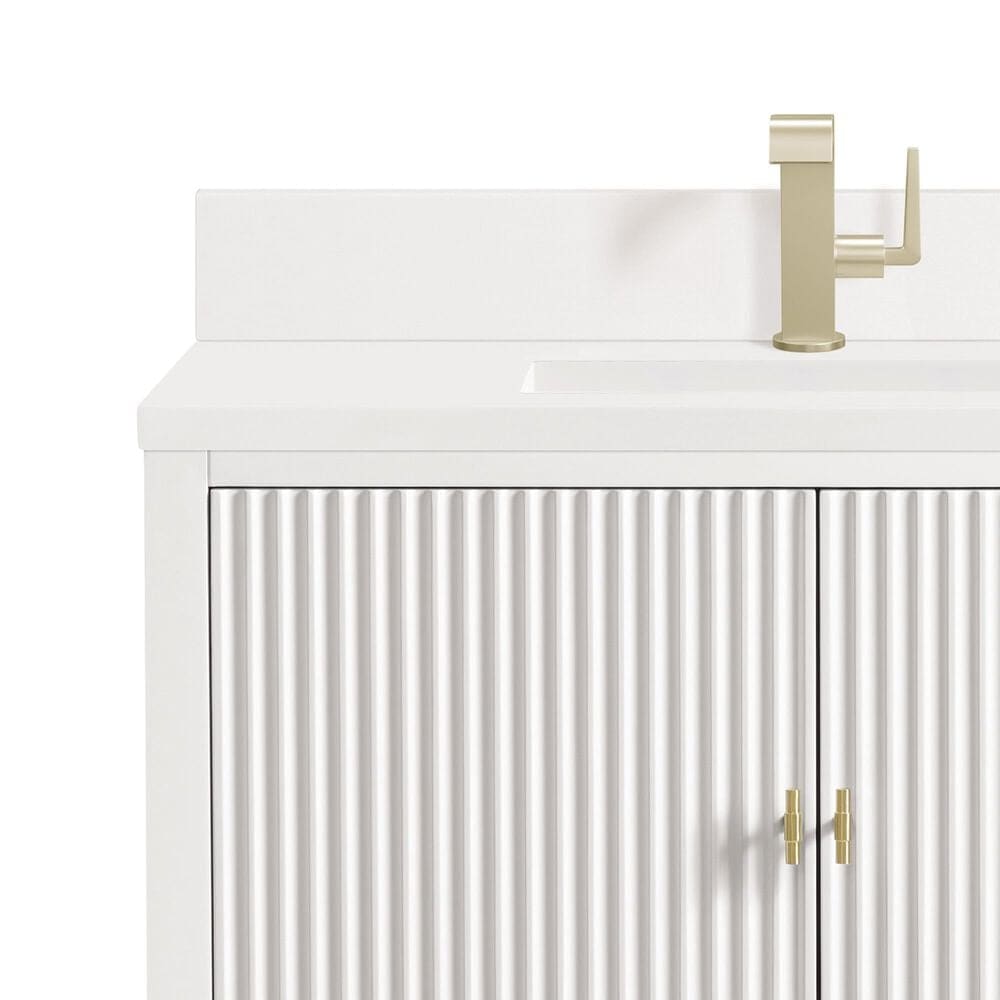 James Martin Vanities Myrrin 36&quot; Vanity in Bright White with Single Hole 3 CM White Zeus Quartz Top &amp; Backsplash, , large