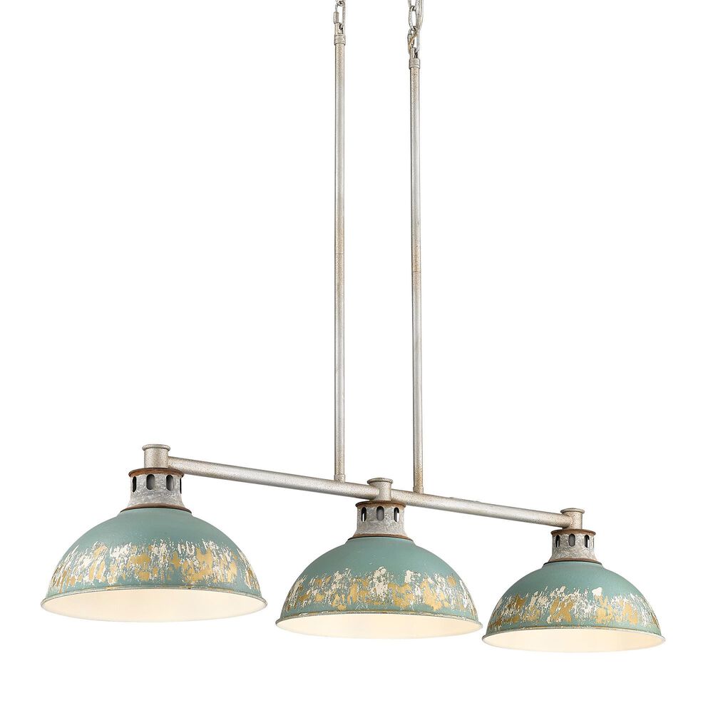 Golden Lighting Kinsley 3-Light Linear Pendant with Antique Teal Shade in Aged Galvanized Steel, , large