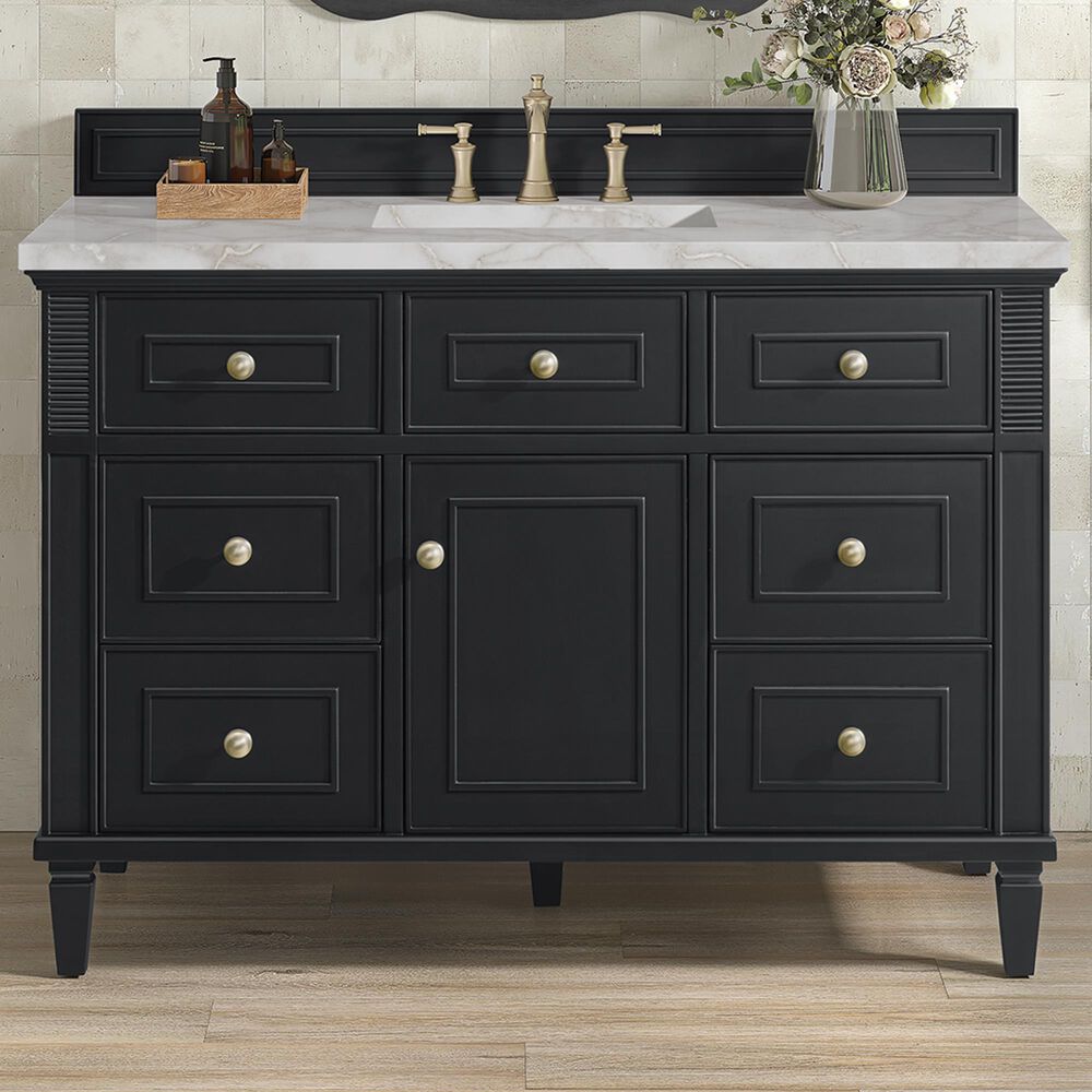 James Martin Vanities Lorelai 48&quot; Single Vanity in Black Onyx with 3 CM Victorian Silver Quartz Top, , large