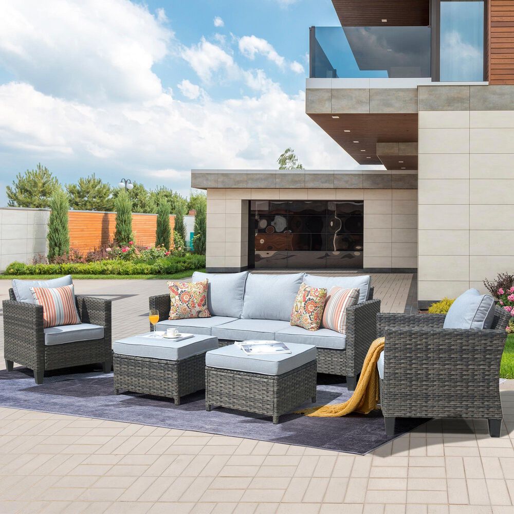 HOMLUX HOMLUX 5-Piece Outdoor Wicker Patio Furniture Set, High Back Rattan Sofa with Chairs, Ottomans &amp; Cushions in Gray, , large