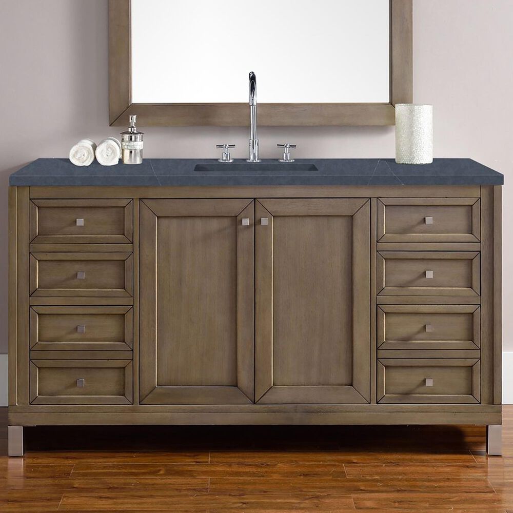 James Martin Vanities Chicago 60&quot; Single Bathroom Vanity in Whitewashed Walnut with 3 cm Charcoal Soapstone Quartz Top and Rectangular Sink, , large