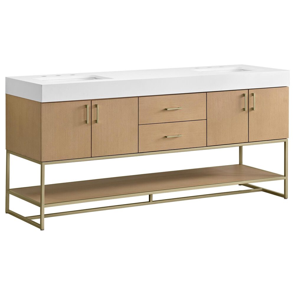 37B Mauri 72" Double Bathroom Vanity with Metal Base in Warm Oak with High-Profile 4" White Composite Stone Top, , large