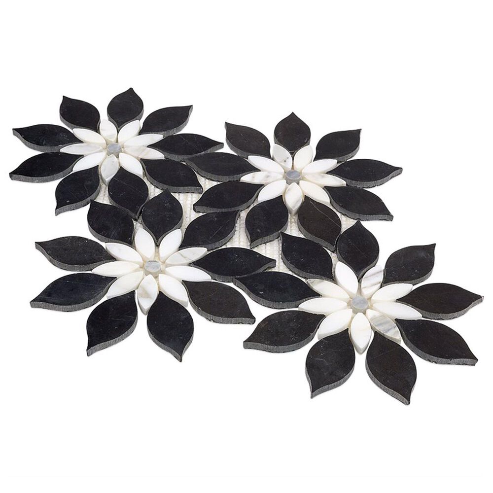 Soho Studio MJ Rain Flower Black Jade and Calacatta 12.4" x 14.13" Marble Mosaic Sheet, , large