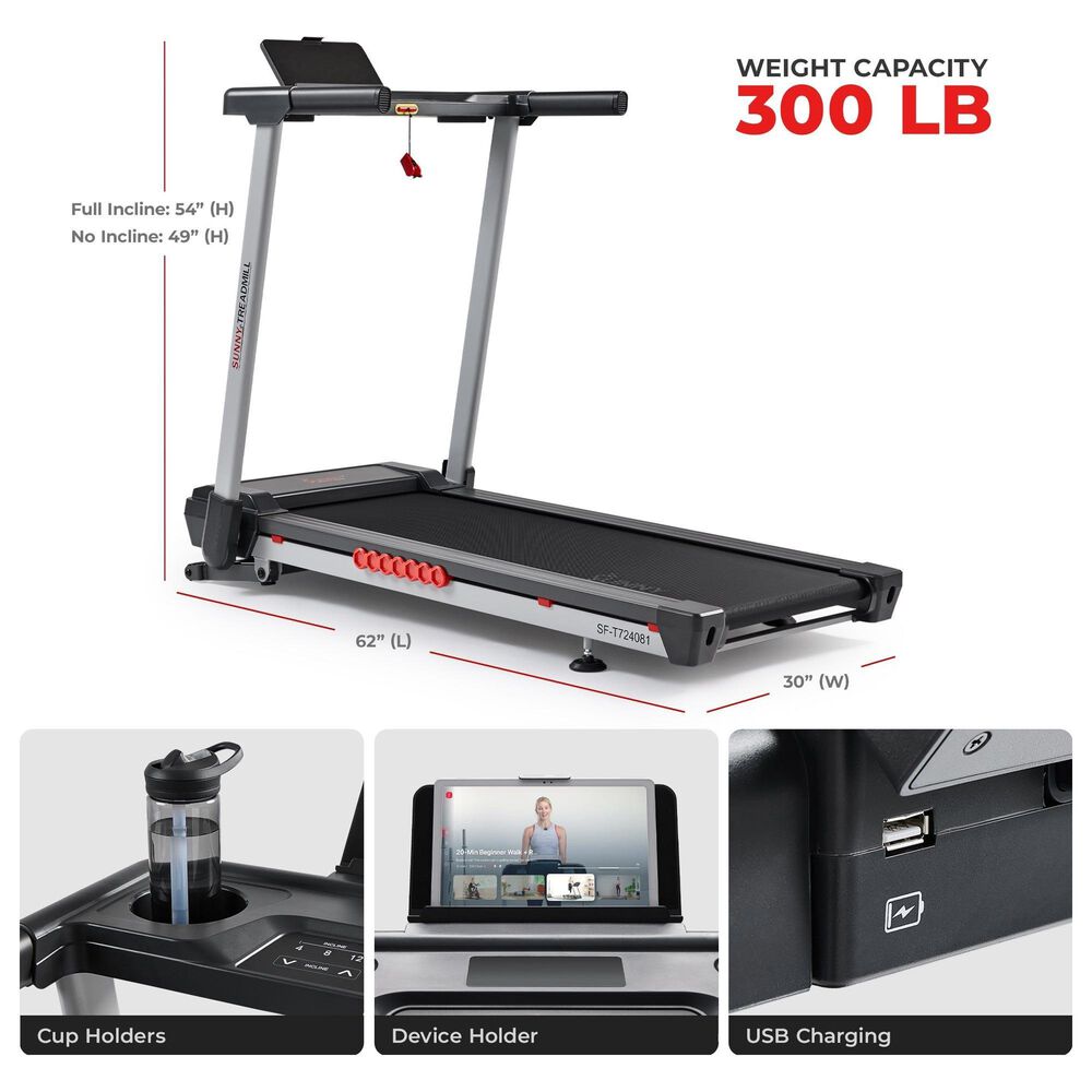 Sunny Health &amp; Fitness Pace 500 Smart Auto Incline Folding Treadmill in Black, Grey and Red, , large