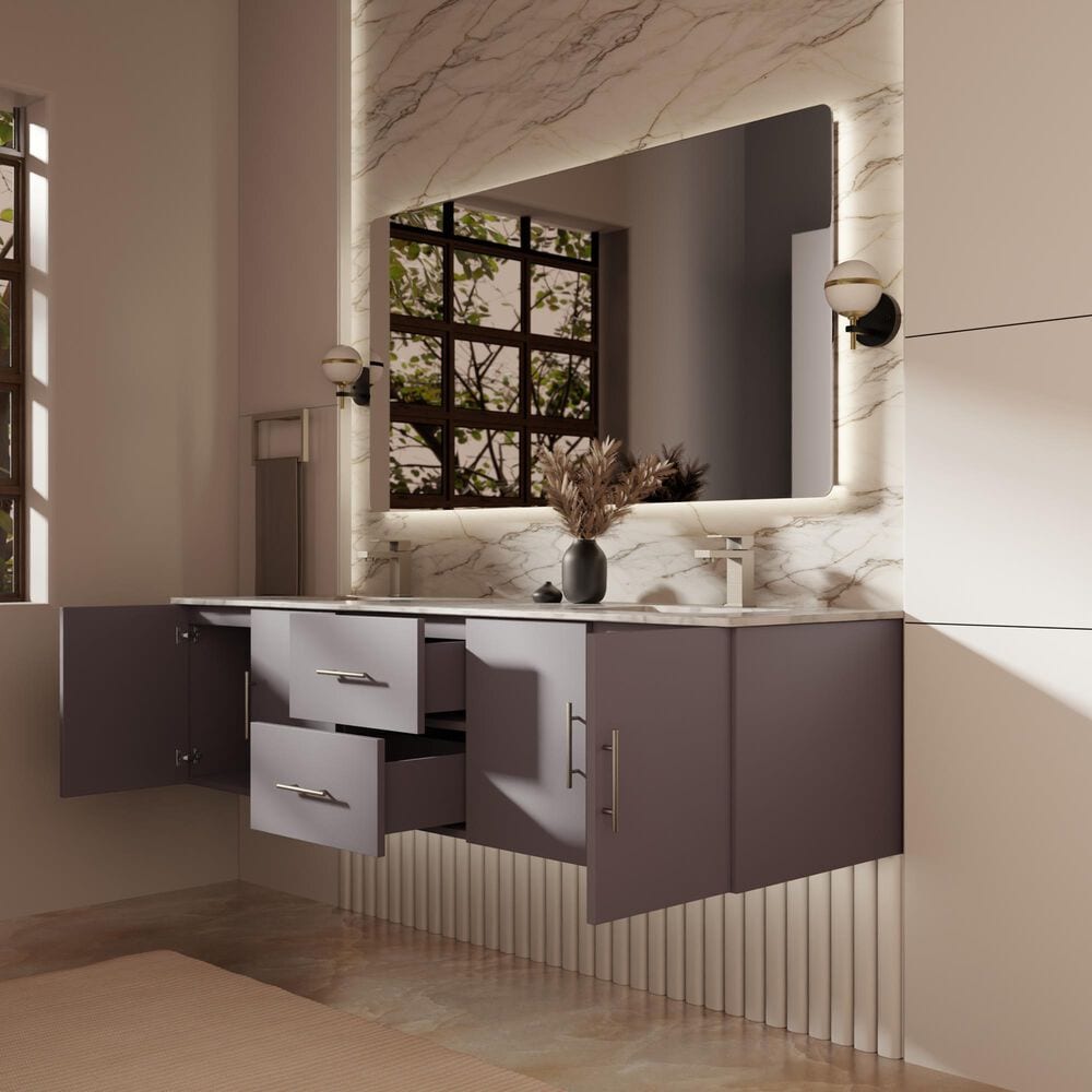 Lexora Home Geneva 72" Double Bathroom Vanity in Dark Grey with 2 cm White Carrara Marble Top and Rectangular Sinks, , large