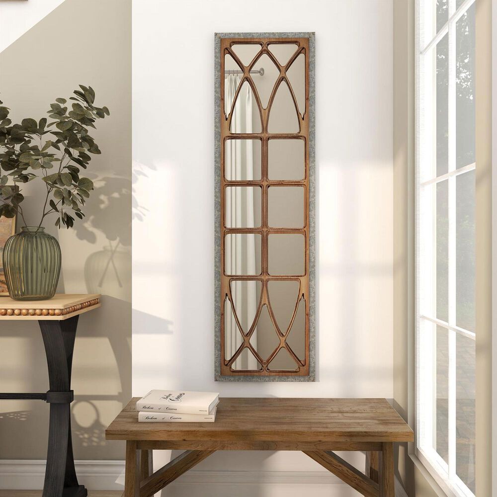 Maple and Jade 52&quot; x 15&quot; Geometric Window Pane Inspired Panel Wall Mirror in Galvanized Silver and Brown, , large