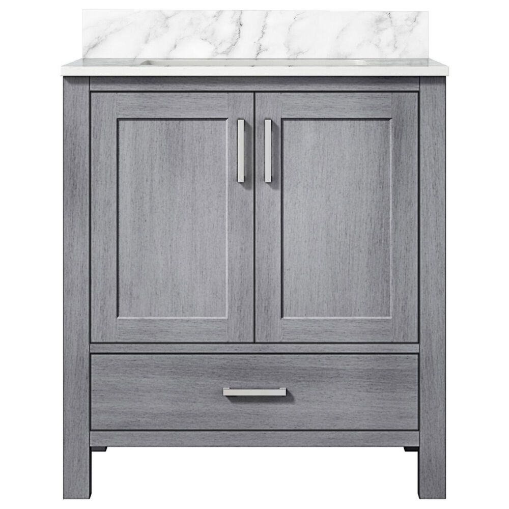 Lexora Home Jacques 30&quot; Single Bathroom Vanity in Distressed Grey with 2 cm White Carrara Marble Top and Rectangular Sink, , large