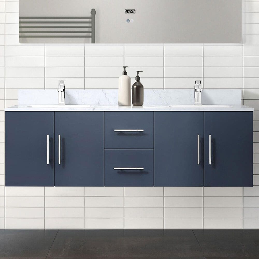 Lexora Home Geneva 60&quot; Double Bathroom Vanity in Navy Blue with 2 cm White Carrara Marble Top and Rectangular Sinks, , large