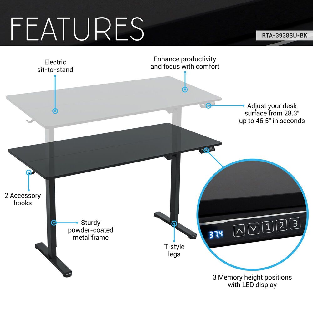 Rta Products Llc Zenith Electric Height Adjustable Sit-to-Stand Desk in Black, , large