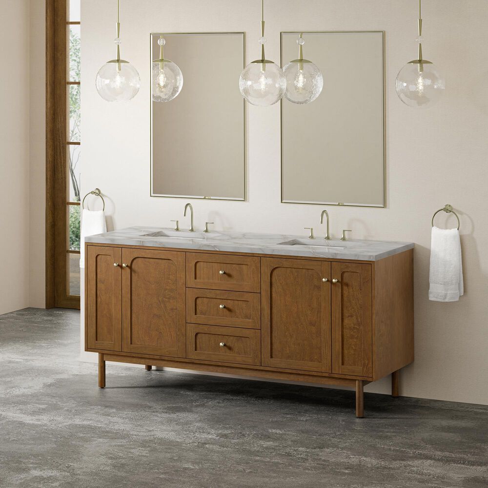 James Martin Laurent 72" Double Bathroom Vanity in Honey Oak with 3 cm Victorian Silver Silestone Top, Rectangular Sinks and FreePower Wireless Charger, , large