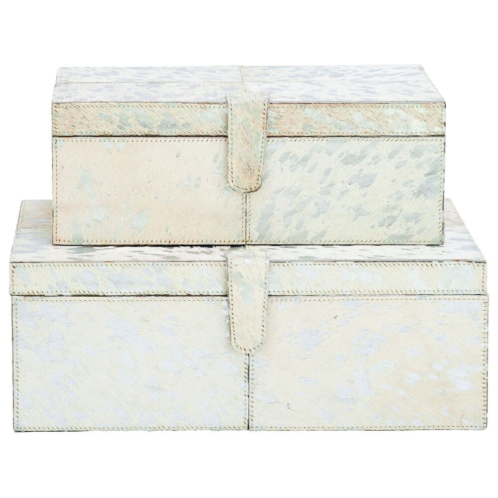 Maple and Jade 2-Piece Handmade Cowhide Storage Decorative Box Set in Silver, , large