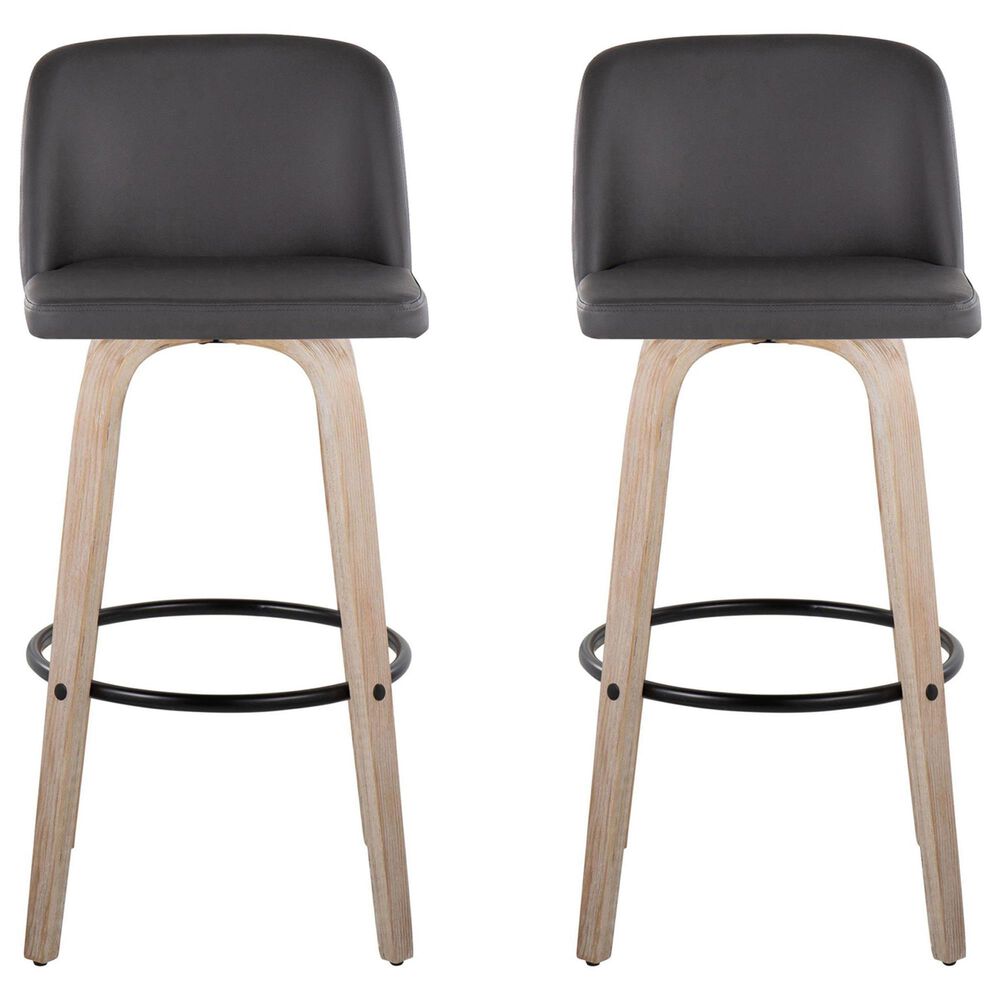LumiSource Toriano Swivel Bar Stool with Grey Faux Leather Upholstery in Whitewashed and Black (Set of 2), , large