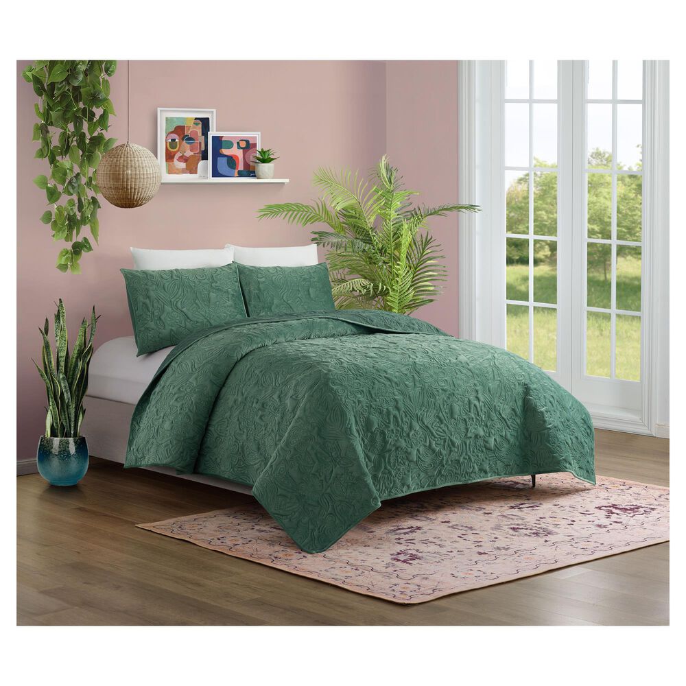 Peking Handicraft Secret Garden 3-Piece Full/Queen Quilt Set in Emerald Green, , large