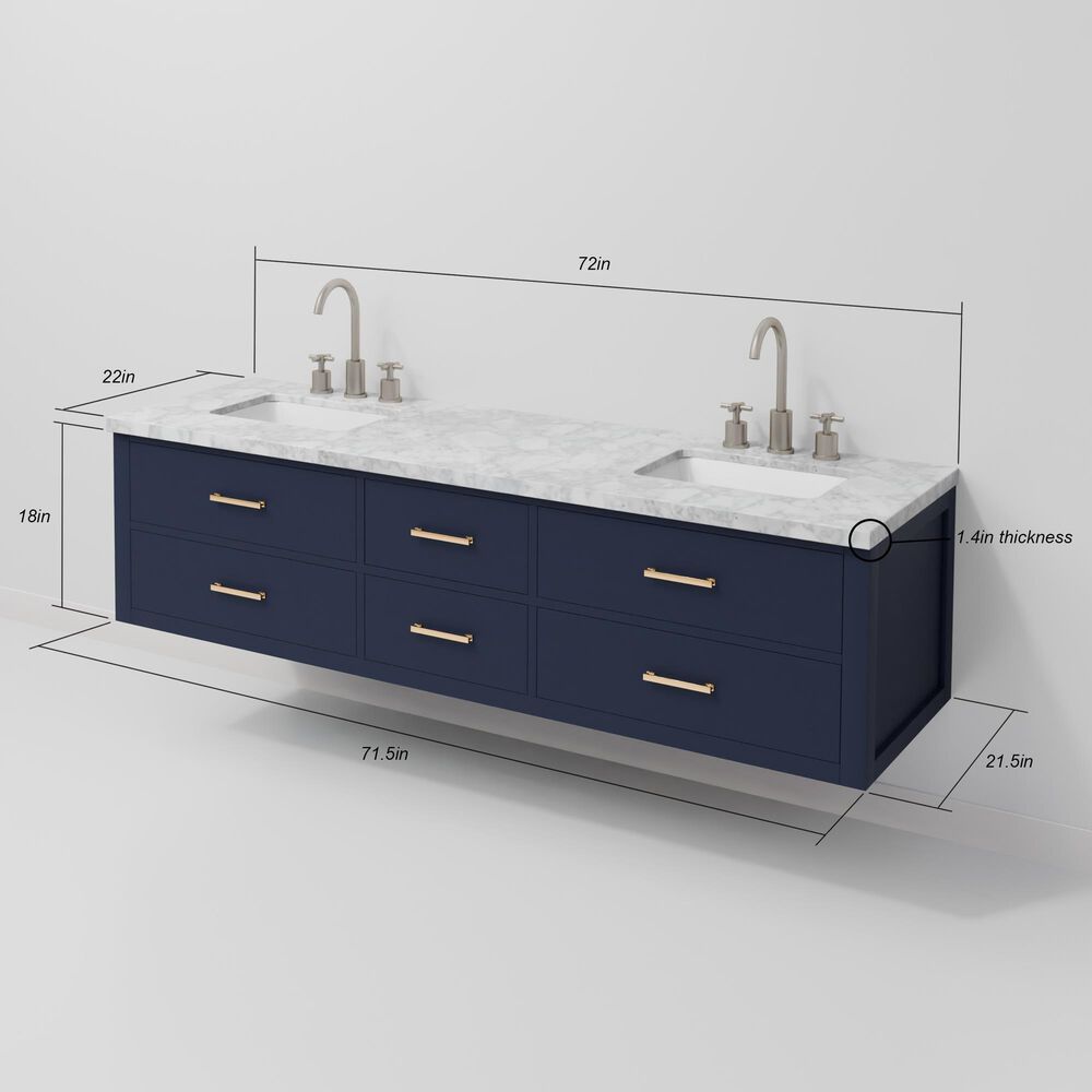 Lexora Home Castor 72" Double Bathroom Vanity in Blue with 2 cm White Carrara Marble Top and Rectangular Sinks, , large