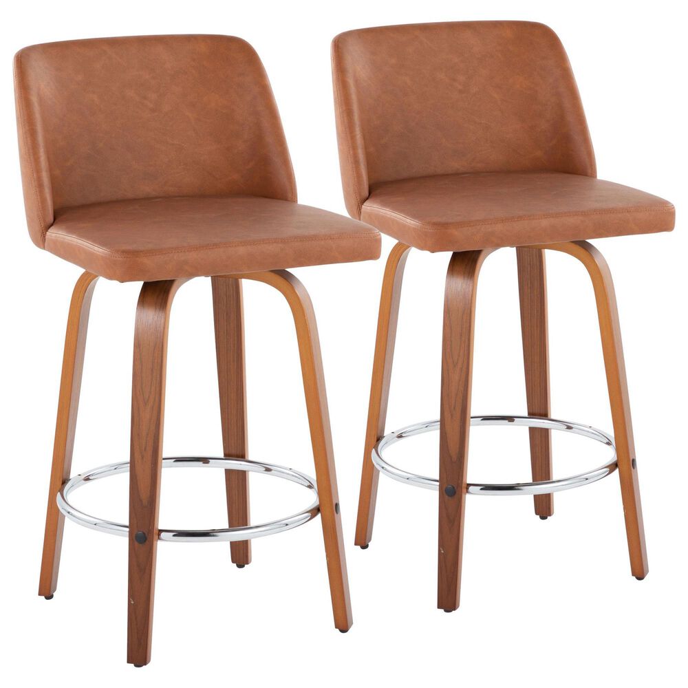 LumiSource Toriano Swivel Counter Stool with Camel Faux Leather Upholstery in Walnut and Chrome (Set of 2), , large