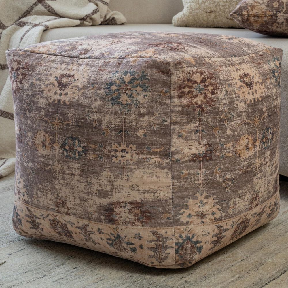 LR Home 18" Square Floral Pouf in Taupe, , large
