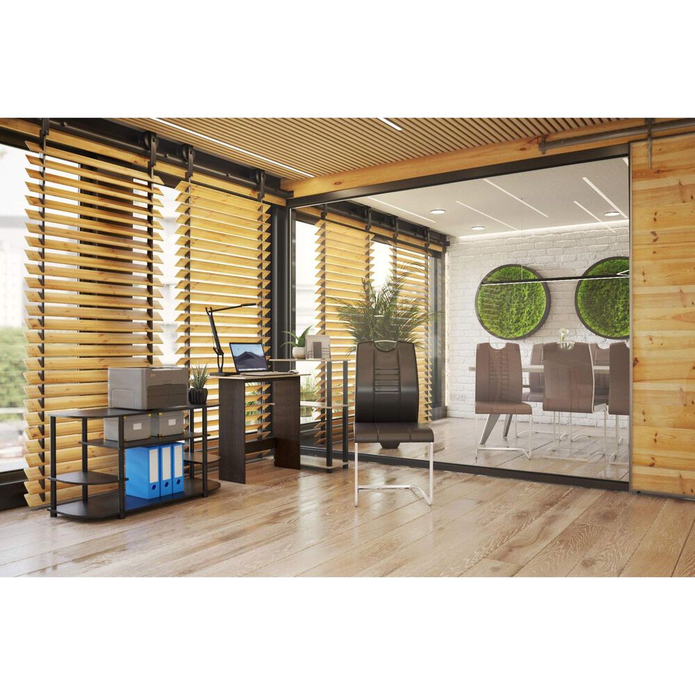 HOMLUX L-Shaped Computer Desk with Open Display Shelves in French Oak Grey and Black, , large