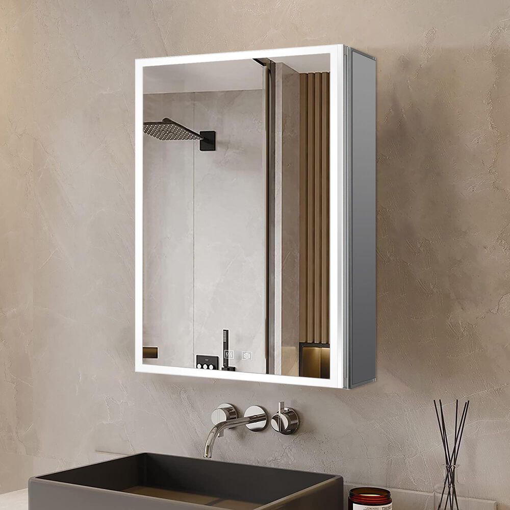 Lexora Home Mesa 20" x 32" LED Mirror Medicine Cabinet with Defogger in Aluminium, , large