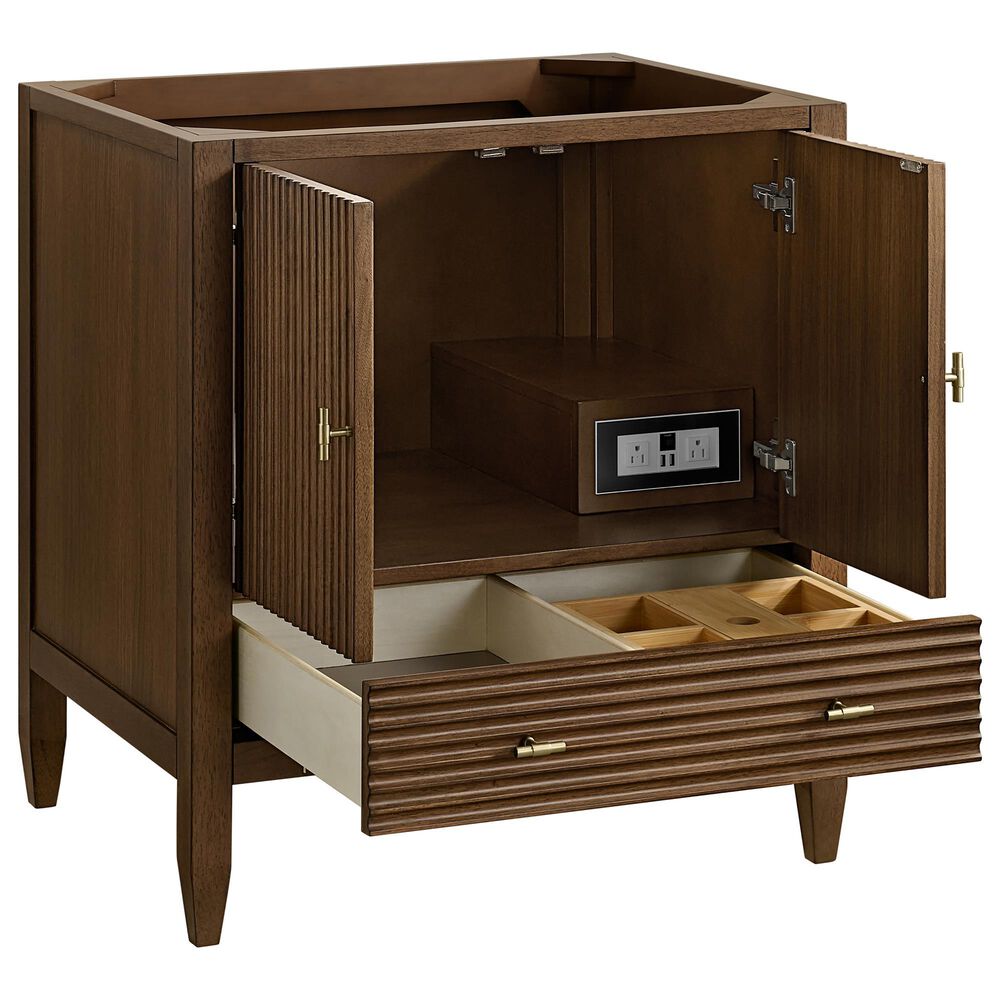 James Martin Myrrin 30" Single Bathroom Vanity in Mid-Century Walnut with 3 cm Siberian Silestone Top and Rectangular Sink, , large