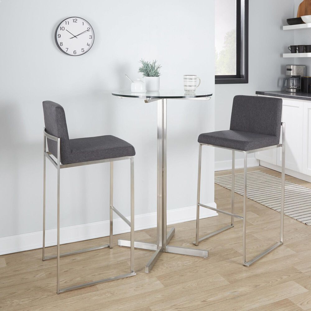 Lumisource Fuji High Back Barstool with Charcoal Fabric in Stainless Steel &#40;Set of 2&#41;, , large