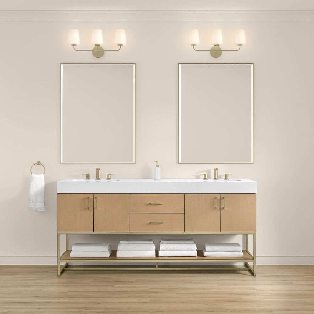 37B Mauri 72" Double Bathroom Vanity with Metal Base in Warm Oak with High-Profile 4" White Composite Stone Top, , large