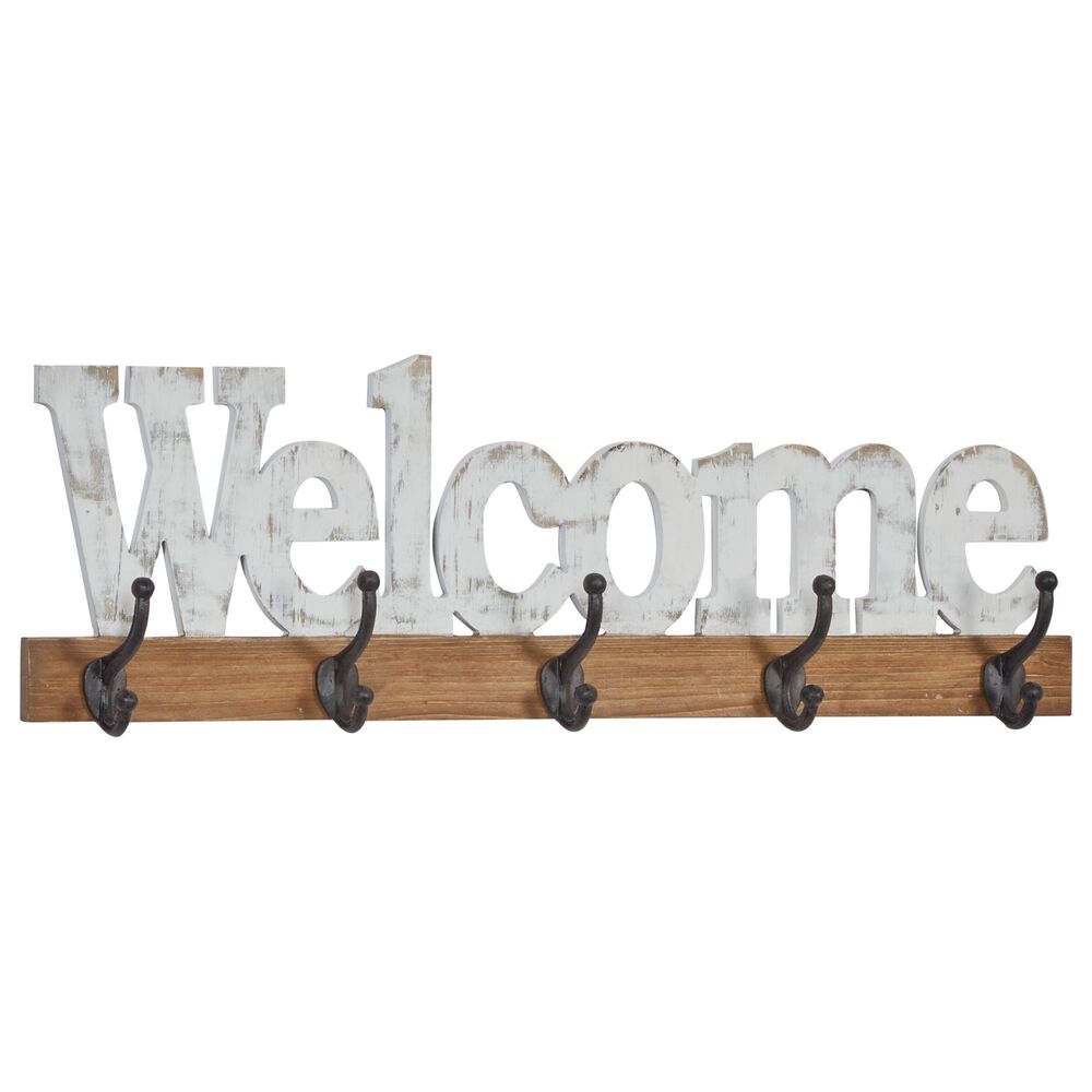 Maple and Jade 32" x 10" Wall Hook in Brown and Distressed White, , large