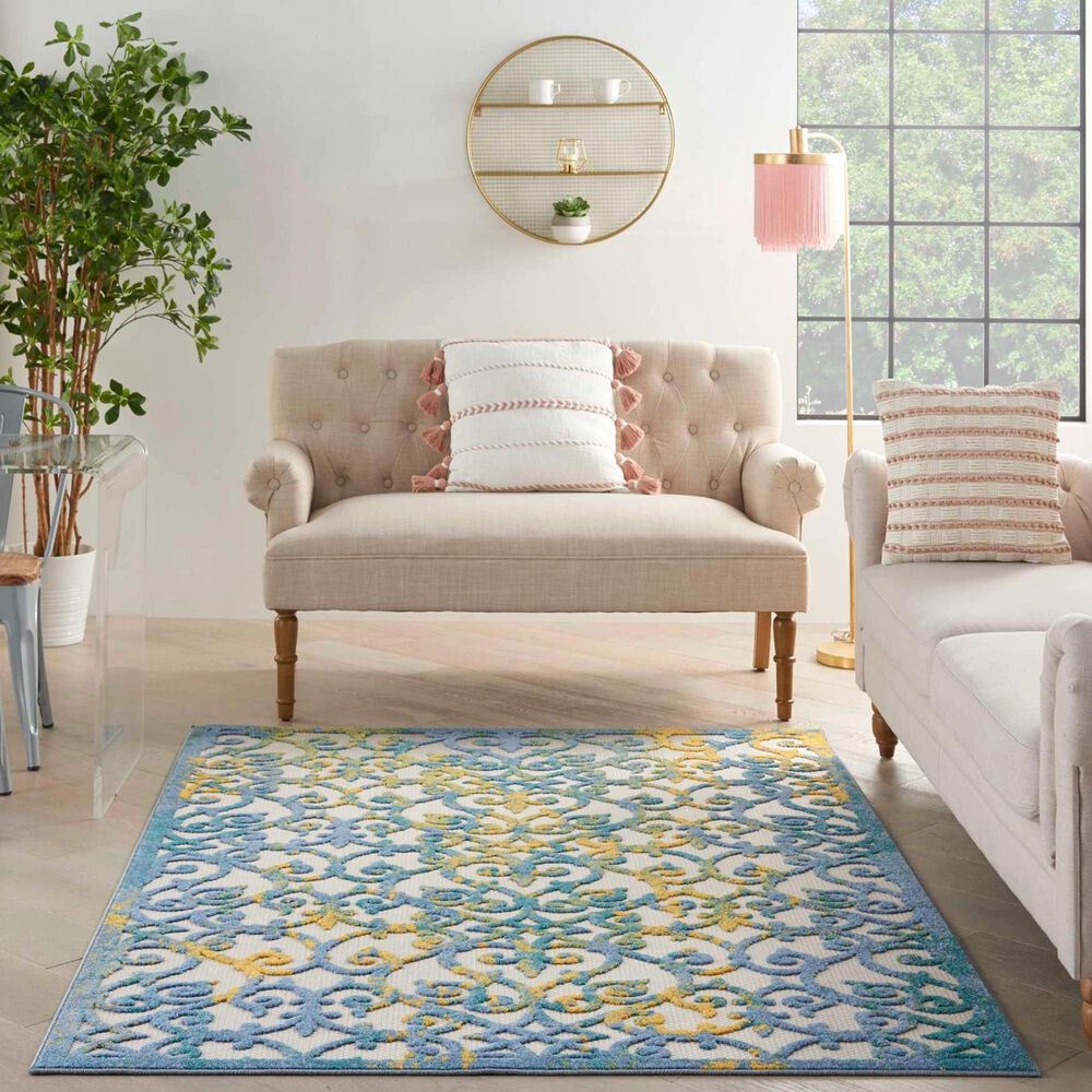 Nourison Aloha 5&#39;3&quot; x 7&#39;5&quot; Ivory and Blue Indoor/Outdoor Area Rug, , large